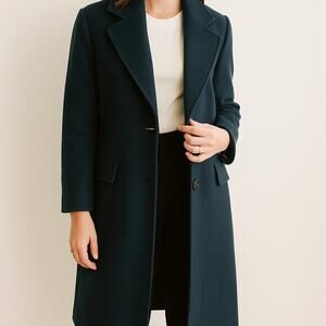 Vintage JG Hook Long Wool Trench Overcoat Navy Satin Lined Sz Med Business Chic
